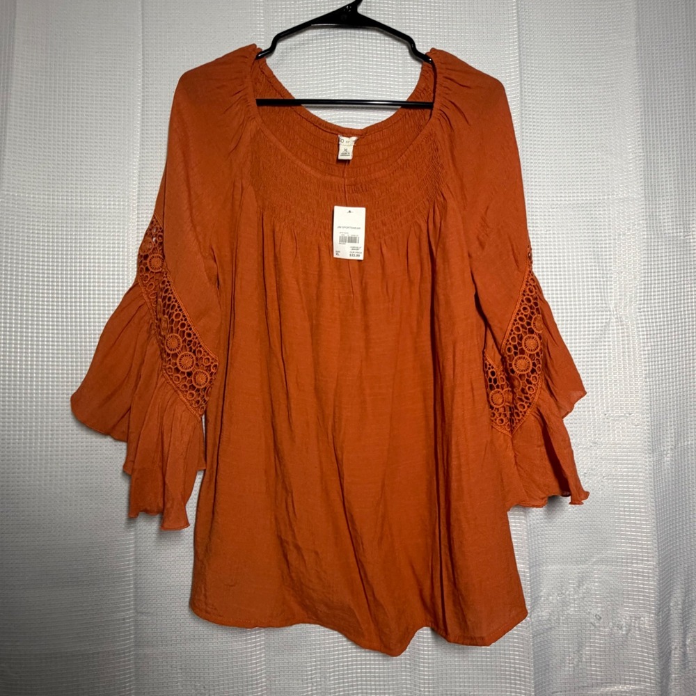 J/M Sportswear Blouse Rayon Crochet Bell Sleeve Boho Peasant‎ Top XL NWT